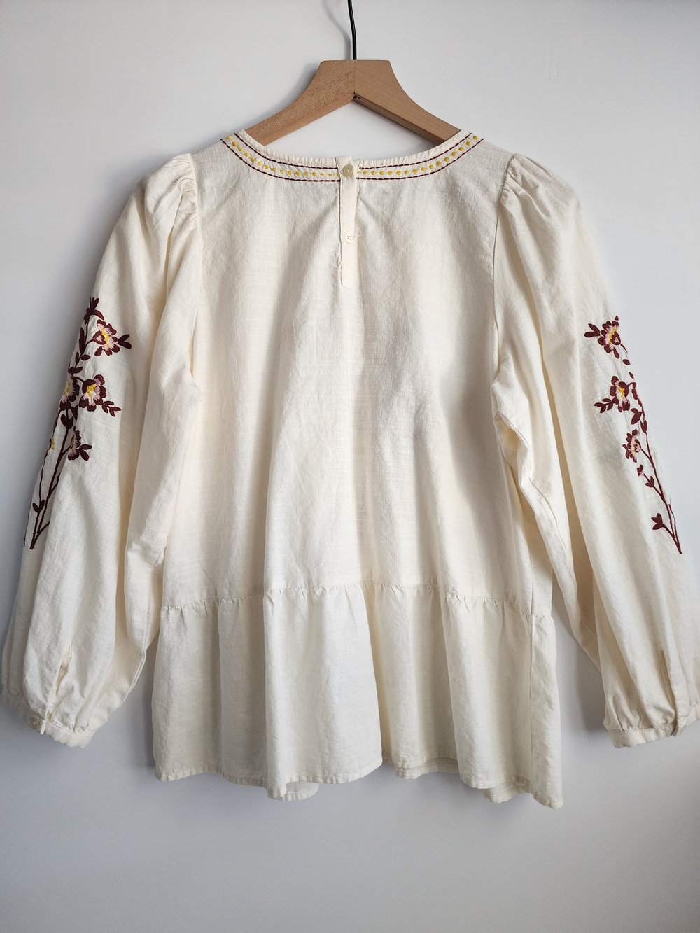 LOFT Cream Peasant Blouse with Burgundy, Pink and Yellow Floral Embroidery - Picture 11 of 13